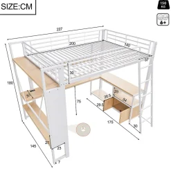Lit Mezzanine 140x200 cm - Lit Ado avec Bureau Intégré, LED et Ports USB, Panneau Perforé et Rangement, Métal + MDF, Blanc><noscript><img width=