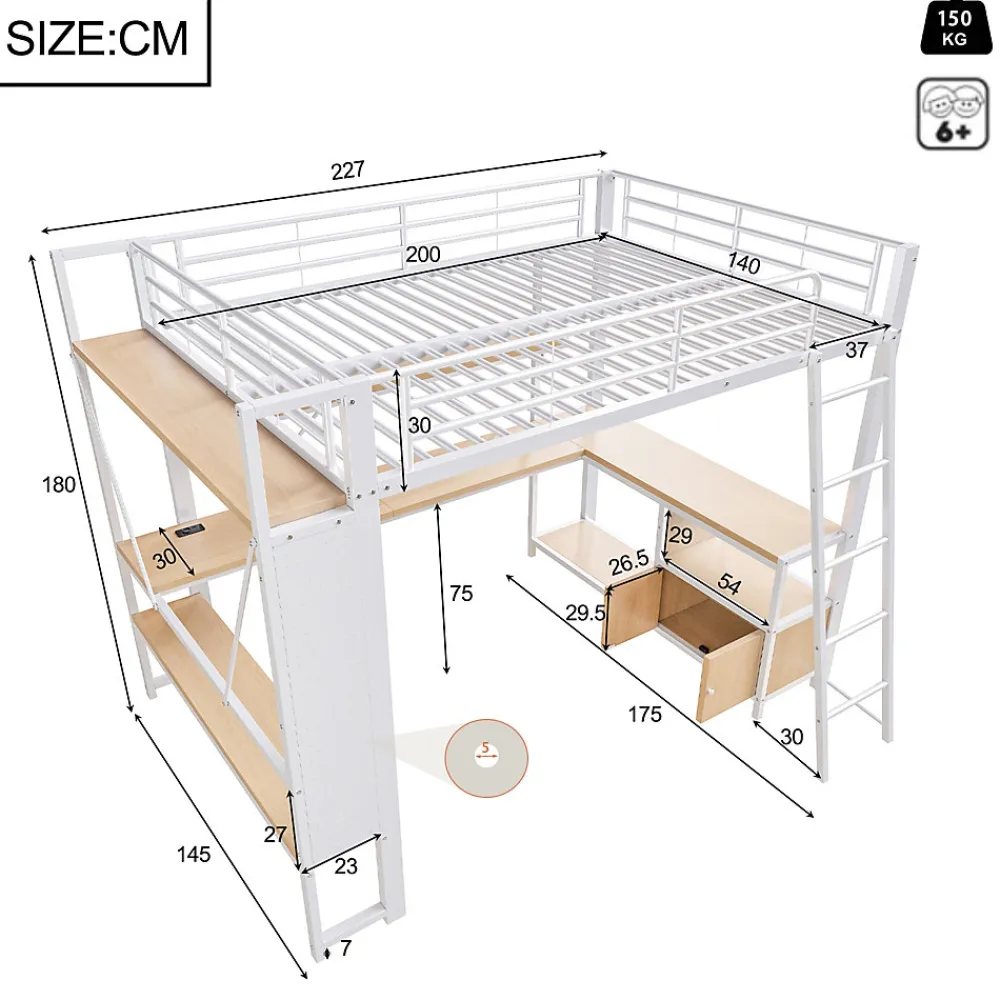Lit Mezzanine 140x200 cm - Lit Ado avec Bureau Intégré, LED et Ports USB, Panneau Perforé et Rangement, Métal + MDF, Blanc>Okwish Clearance