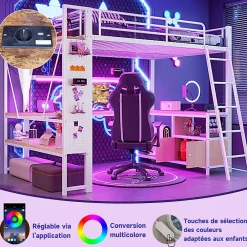 Lit Mezzanine 140x200 cm - Lit Ado avec Bureau Intégré, LED et Ports USB, Panneau Perforé et Rangement, Métal + MDF, Blanc><noscript><img width=