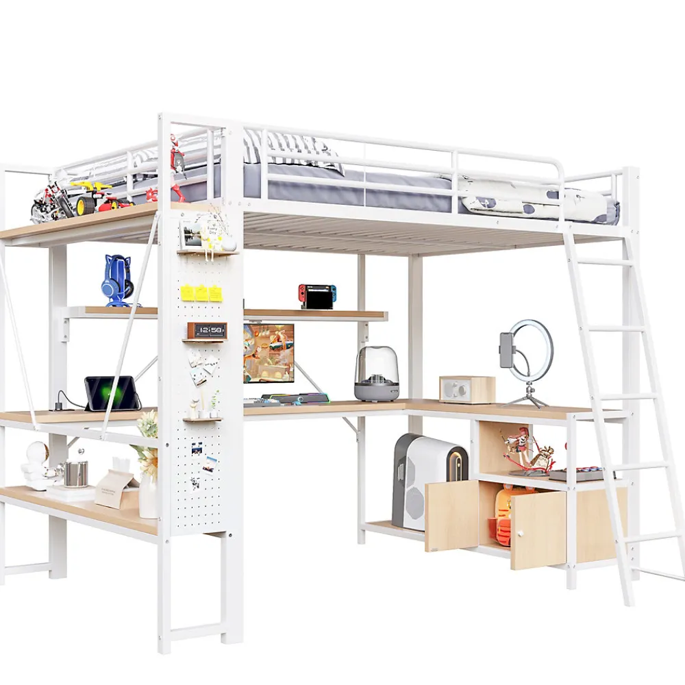 Lit Mezzanine 140x200 cm - Lit Ado avec Bureau Intégré, LED et Ports USB, Panneau Perforé et Rangement, Métal + MDF, Blanc>Okwish Clearance