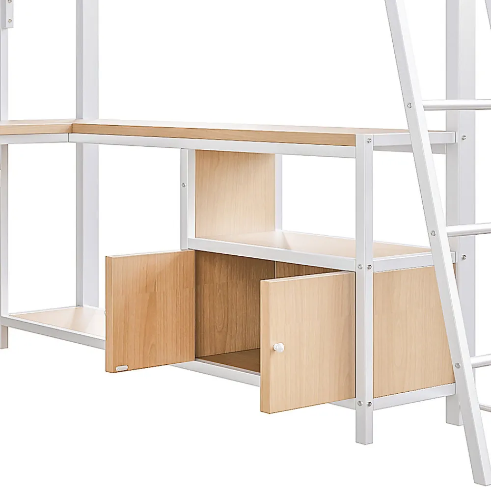 Lit Mezzanine 140x200 cm - Lit Ado avec Bureau Intégré, LED et Ports USB, Panneau Perforé et Rangement, Métal + MDF, Blanc>Okwish Clearance