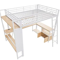 Lit Mezzanine 140x200 cm - Lit Ado avec Bureau Intégré, LED et Ports USB, Panneau Perforé et Rangement, Métal + MDF, Blanc><noscript><img width=