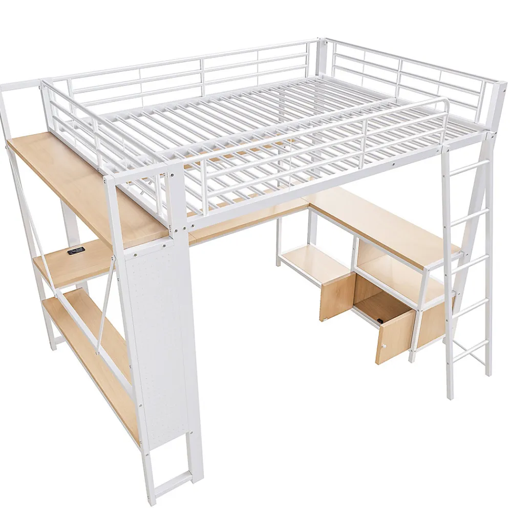Lit Mezzanine 140x200 cm - Lit Ado avec Bureau Intégré, LED et Ports USB, Panneau Perforé et Rangement, Métal + MDF, Blanc>Okwish Clearance