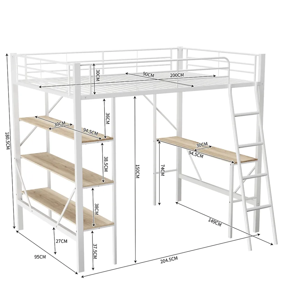 Okwish Lit mezzanine 90x200 cm - Lit avec bureau intégré - Structure métal - Sans matelas - Blanc* Lit Mezzanine