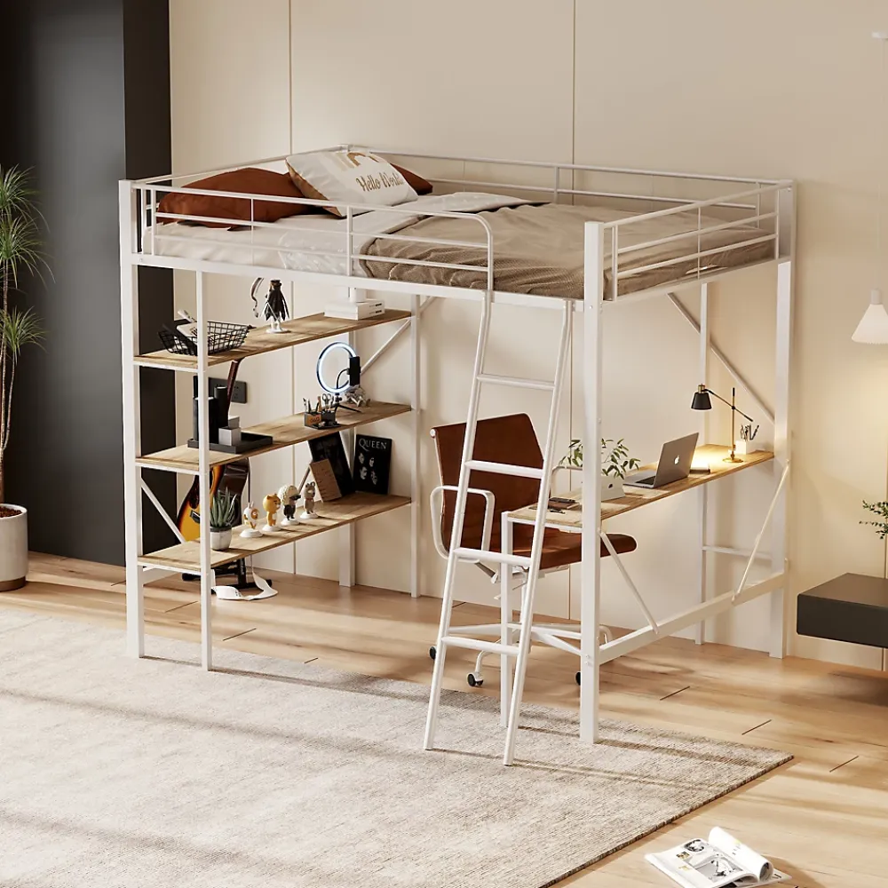 Okwish Lit mezzanine 90x200 cm - Lit avec bureau intégré - Structure métal - Sans matelas - Blanc* Lit Mezzanine