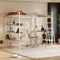 Okwish Lit mezzanine 90x200 cm - Lit avec bureau intégré - Structure métal - Sans matelas - Blanc* Lit Mezzanine