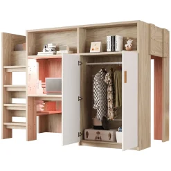 Okwish Lit Mezzanine 90x200 cm - Lit Ado avec Bureau et Armoire Intégrés, Échelle et LED - Sommier Inclus - Sans Matelas - Bois Naturel* Lit Mezzanine