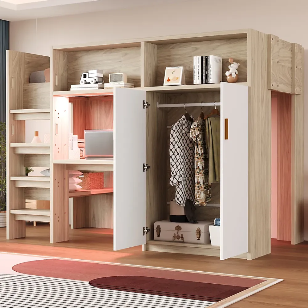 Okwish Lit Mezzanine 90x200 cm - Lit Ado avec Bureau et Armoire Intégrés, Échelle et LED - Sommier Inclus - Sans Matelas - Bois Naturel* Lit Mezzanine