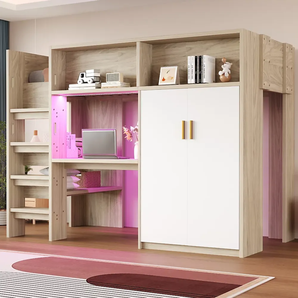 Okwish Lit Mezzanine 90x200 cm - Lit Ado avec Bureau et Armoire Intégrés, Échelle et LED - Sommier Inclus - Sans Matelas - Bois Naturel* Lit Mezzanine