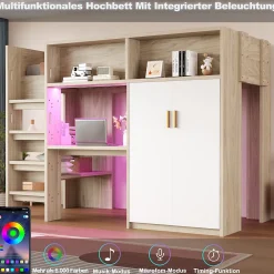 Okwish Lit Mezzanine 90x200 cm - Lit Ado avec Bureau et Armoire Intégrés, Échelle et LED - Sommier Inclus - Sans Matelas - Bois Naturel* Lit Mezzanine
