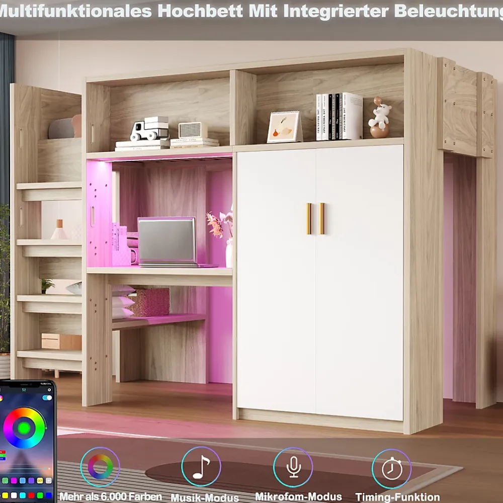 Okwish Lit Mezzanine 90x200 cm - Lit Ado avec Bureau et Armoire Intégrés, Échelle et LED - Sommier Inclus - Sans Matelas - Bois Naturel* Lit Mezzanine