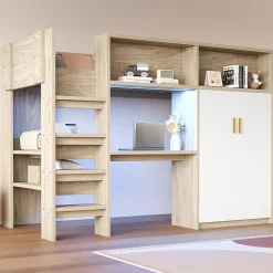 Okwish Lit Mezzanine 90x200 cm - Lit Ado avec Bureau et Armoire Intégrés, Échelle et LED - Sommier Inclus - Sans Matelas - Bois Naturel* Lit Mezzanine