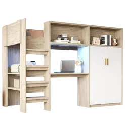 Okwish Lit Mezzanine 90x200 cm - Lit Ado avec Bureau et Armoire Intégrés, Échelle et LED - Sommier Inclus - Sans Matelas - Bois Naturel* Lit Mezzanine