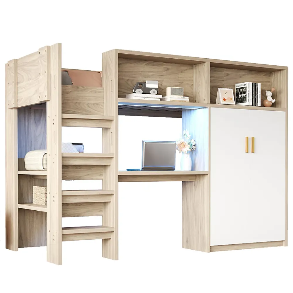 Okwish Lit Mezzanine 90x200 cm - Lit Ado avec Bureau et Armoire Intégrés, Échelle et LED - Sommier Inclus - Sans Matelas - Bois Naturel* Lit Mezzanine