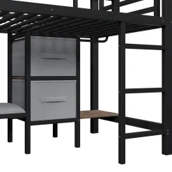 Okwish Lit Mezzanine 90x200 cm - Lit Ado avec LED Intégrée, Tiroirs en Tissu et Crochets pour Vêtements, en Métal - Sans Matelas Noir* Lit Mezzanine