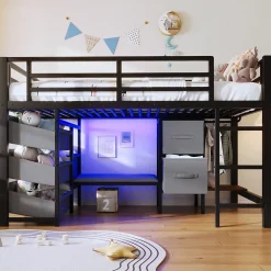 Okwish Lit Mezzanine 90x200 cm - Lit Ado avec LED Intégrée, Tiroirs en Tissu et Crochets pour Vêtements, en Métal - Sans Matelas Noir* Lit Mezzanine