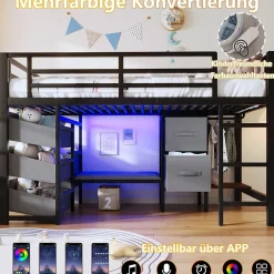 Okwish Lit Mezzanine 90x200 cm - Lit Ado avec LED Intégrée, Tiroirs en Tissu et Crochets pour Vêtements, en Métal - Sans Matelas Noir* Lit Mezzanine