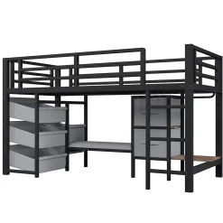 Okwish Lit Mezzanine 90x200 cm - Lit Ado avec LED Intégrée, Tiroirs en Tissu et Crochets pour Vêtements, en Métal - Sans Matelas Noir* Lit Mezzanine