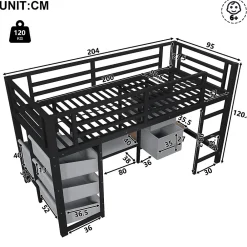 Okwish Lit Mezzanine 90x200 cm - Lit Ado avec LED Intégrée, Tiroirs en Tissu et Crochets pour Vêtements, en Métal - Sans Matelas Noir* Lit Mezzanine
