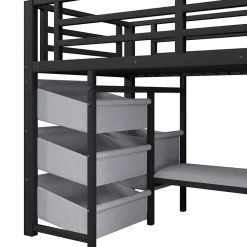 Okwish Lit Mezzanine 90x200 cm - Lit Ado avec LED Intégrée, Tiroirs en Tissu et Crochets pour Vêtements, en Métal - Sans Matelas Noir* Lit Mezzanine