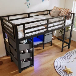 Okwish Lit Mezzanine 90x200 cm - Lit Ado avec LED Intégrée, Tiroirs en Tissu et Crochets pour Vêtements, en Métal - Sans Matelas Noir* Lit Mezzanine