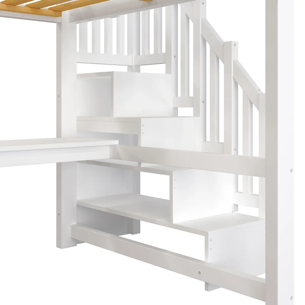 Okwish Lit Mezzanine 140x200 cm - Lit Adulte avec Bureau et Armoire, Escalier de Rangement, LED et USB - sans Matelas - Blanc* Lit Mezzanine