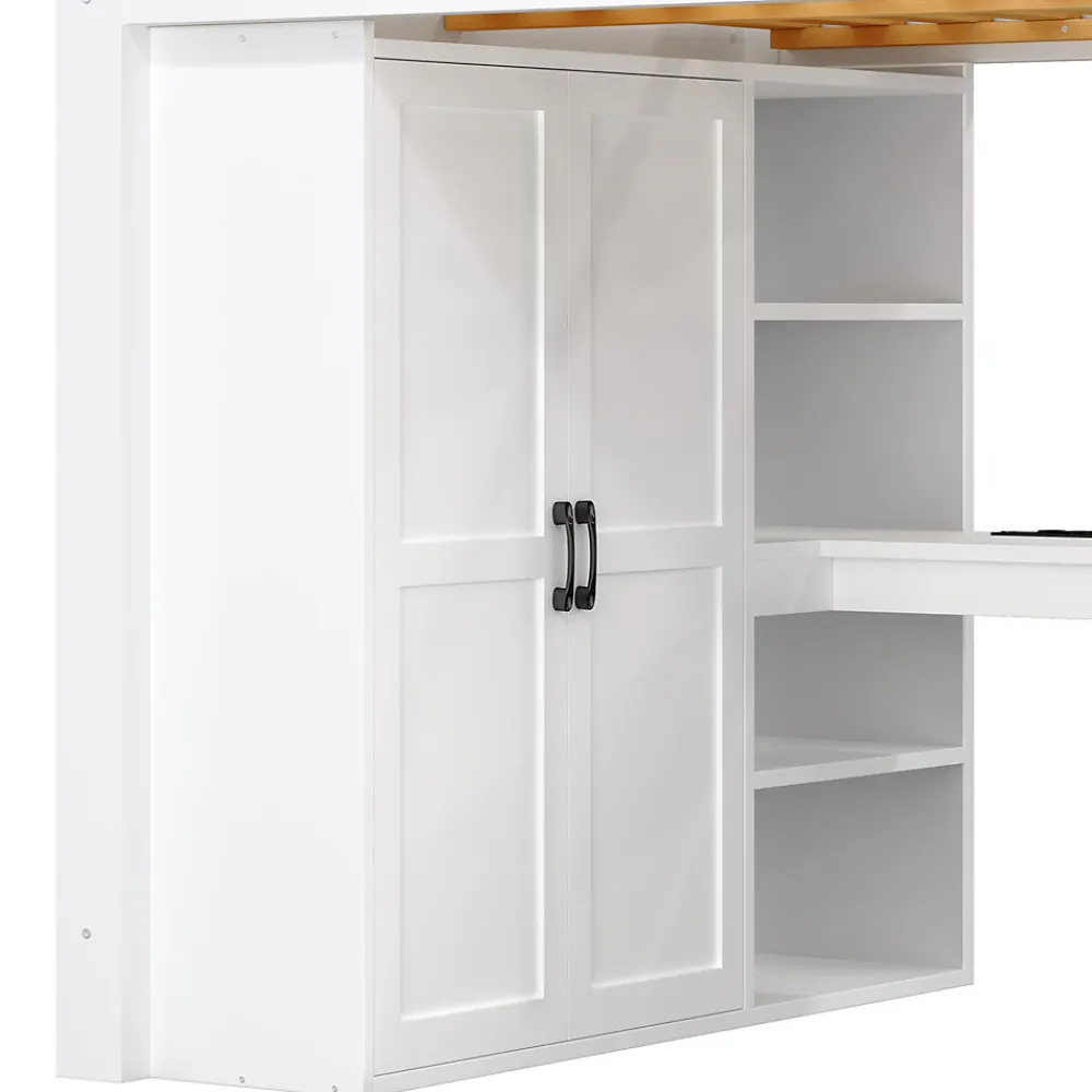 Okwish Lit Mezzanine 140x200 cm - Lit Adulte avec Bureau et Armoire, Escalier de Rangement, LED et USB - sans Matelas - Blanc* Lit Mezzanine