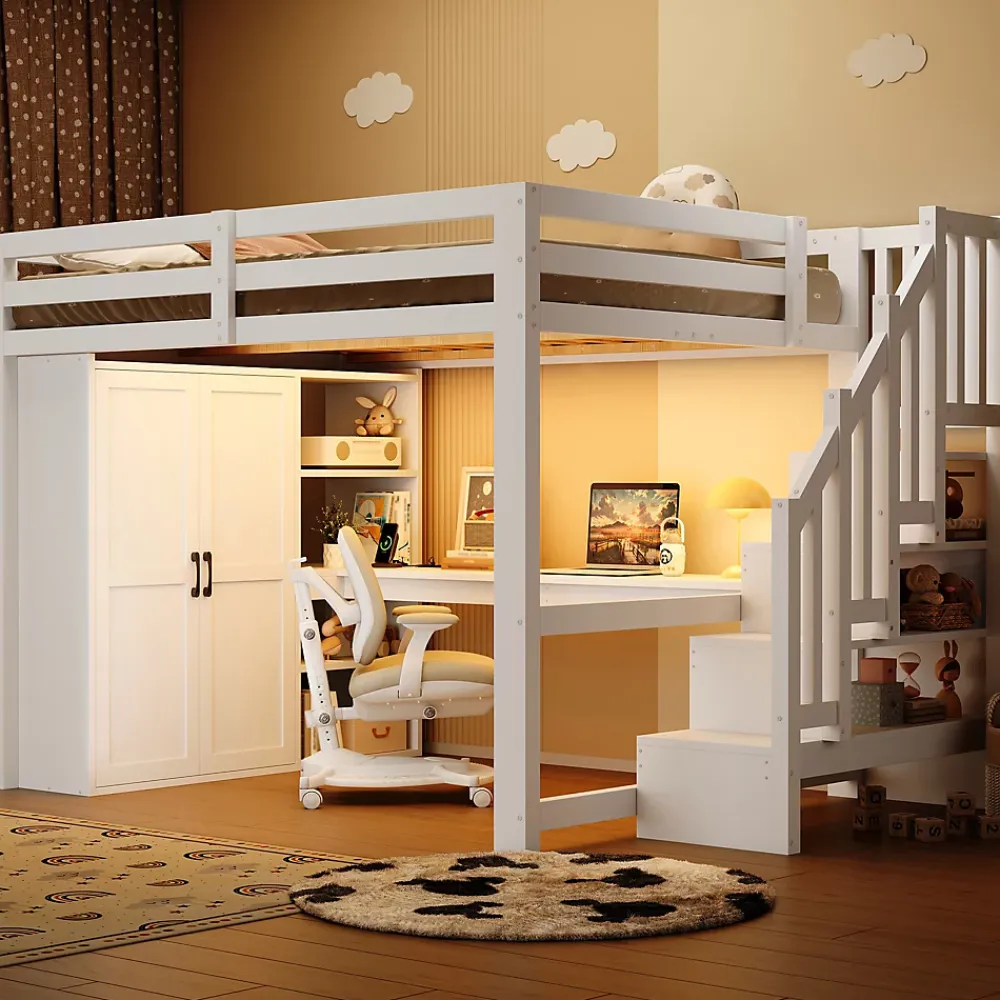 Okwish Lit Mezzanine 140x200 cm - Lit Adulte avec Bureau et Armoire, Escalier de Rangement, LED et USB - sans Matelas - Blanc* Lit Mezzanine