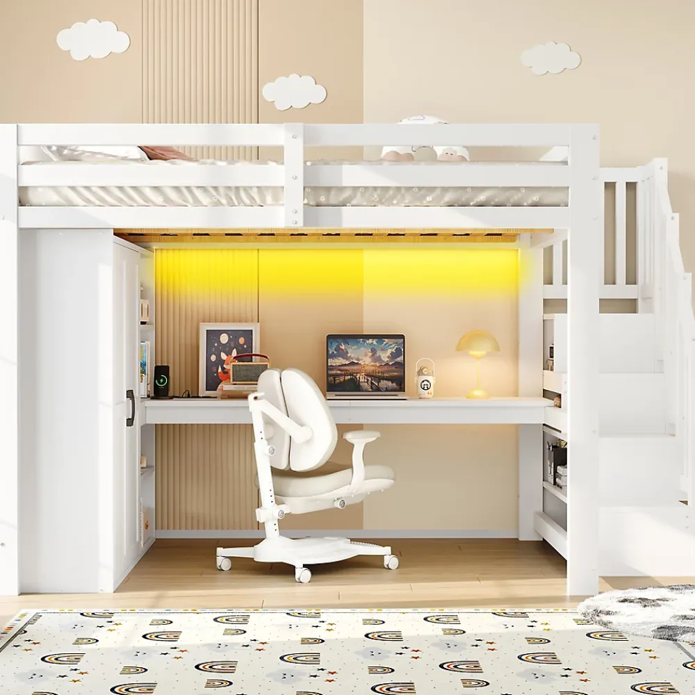Okwish Lit Mezzanine 140x200 cm - Lit Adulte avec Bureau et Armoire, Escalier de Rangement, LED et USB - sans Matelas - Blanc* Lit Mezzanine