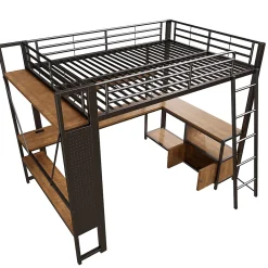 Okwish Lit Mezzanine 140x200 cm - Lit Ado avec Bureau Intégré, LED et Ports USB, Panneau Perforé et Rangement, Métal + MDF, Noir* Lit Mezzanine