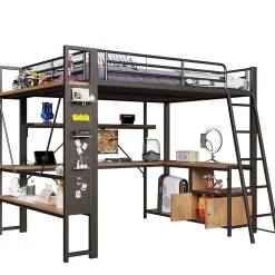 Okwish Lit Mezzanine 140x200 cm - Lit Ado avec Bureau Intégré, LED et Ports USB, Panneau Perforé et Rangement, Métal + MDF, Noir* Lit Mezzanine