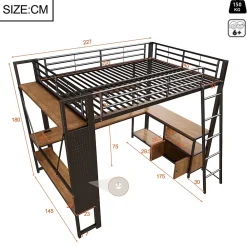 Okwish Lit Mezzanine 140x200 cm - Lit Ado avec Bureau Intégré, LED et Ports USB, Panneau Perforé et Rangement, Métal + MDF, Noir* Lit Mezzanine