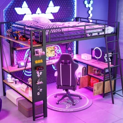 Okwish Lit Mezzanine 140x200 cm - Lit Ado avec Bureau Intégré, LED et Ports USB, Panneau Perforé et Rangement, Métal + MDF, Noir* Lit Mezzanine