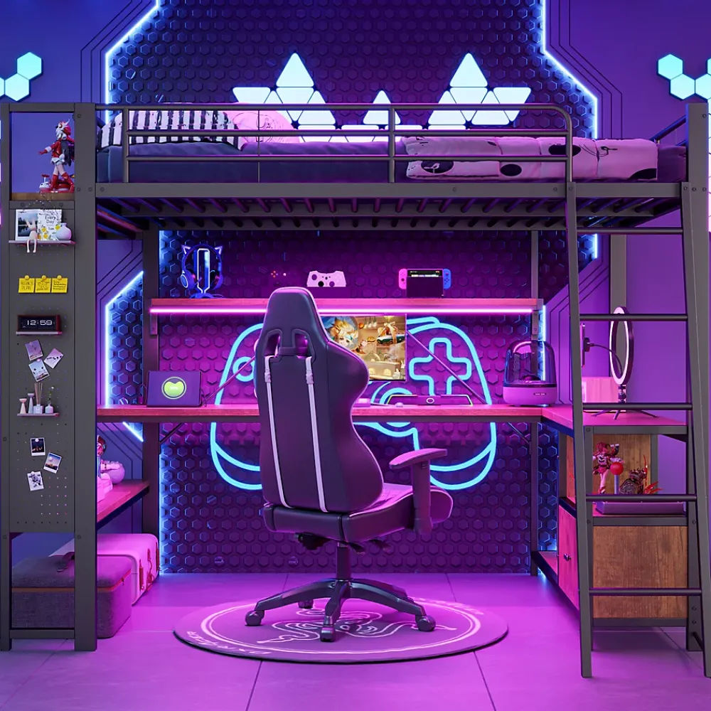 Okwish Lit Mezzanine 140x200 cm - Lit Ado avec Bureau Intégré, LED et Ports USB, Panneau Perforé et Rangement, Métal + MDF, Noir* Lit Mezzanine