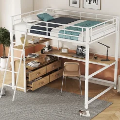 Okwish Lit Mezzanine 140x200 cm - Lit avec Rangement et Bureau en L, Lit Junior en Métal, Sans Matelas - Blanc* Lit Mezzanine