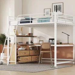 Okwish Lit Mezzanine 140x200 cm - Lit avec Rangement et Bureau en L, Lit Junior en Métal, Sans Matelas - Blanc* Lit Mezzanine