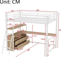 Okwish Lit Mezzanine 140x200 cm - Lit avec Rangement et Bureau en L, Lit Junior en Métal, Sans Matelas - Blanc* Lit Mezzanine