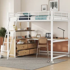 Okwish Lit Mezzanine 140x200 cm - Lit avec Rangement et Bureau en L, Lit Junior en Métal, Sans Matelas - Blanc* Lit Mezzanine