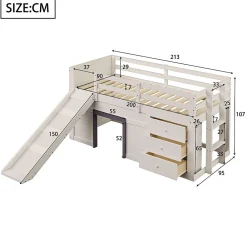 Lit mezzanine 90x200 cm - Lit avec rangement et toboggan - MDF et Pin - Sans matelas - Crème><noscript><img width=