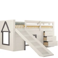 Lit mezzanine 90x200 cm - Lit avec rangement et toboggan - MDF et Pin - Sans matelas - Crème><noscript><img width=