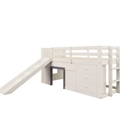 Lit mezzanine 90x200 cm - Lit avec rangement et toboggan - MDF et Pin - Sans matelas - Crème><noscript><img width=