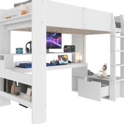 Okwish Lit mezzanine 90x200 cm - Lit avec bureau intégré et LED 16 s - Pin et MDF - Sans matelas - Blanc* Lit Mezzanine