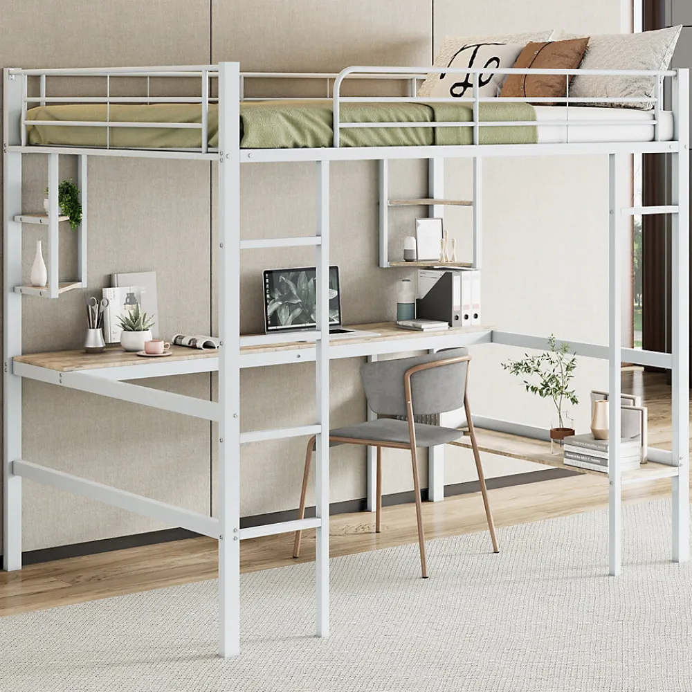 Lit mezzanine 140x200 cm - Lit avec bureau et étagères - Métal + MDF - Sans matelas - Blanc>Generique Online