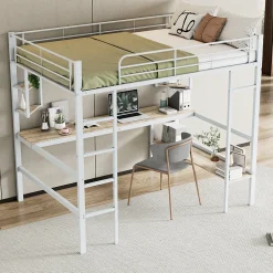 Lit mezzanine 140x200 cm - Lit avec bureau et étagères - Métal + MDF - Sans matelas - Blanc>Generique Online