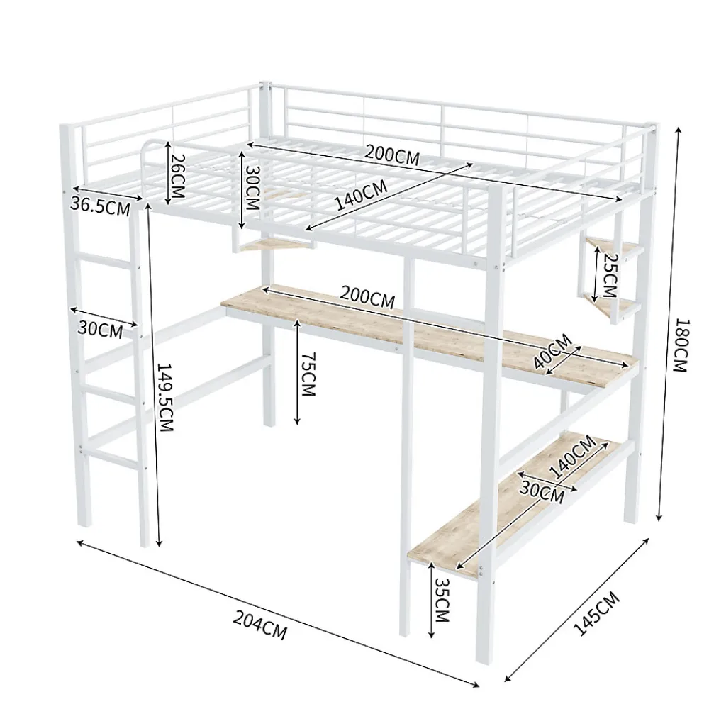 Lit mezzanine 140x200 cm - Lit avec bureau et étagères - Métal + MDF - Sans matelas - Blanc>Generique Online