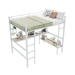 Lit mezzanine 140x200 cm - Lit avec bureau et étagères - Métal + MDF - Sans matelas - Blanc><noscript><img width=