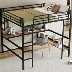 Lit mezzanine 140x200 cm - Lit avec bureau et étagères - Métal + MDF - Sans matelas - Noir>Generique Online