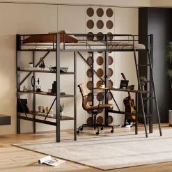 Okwish Lit mezzanine 90x200 cm - Lit avec bureau intégré - Structure métal - Sans matelas - Noir* Lit Mezzanine