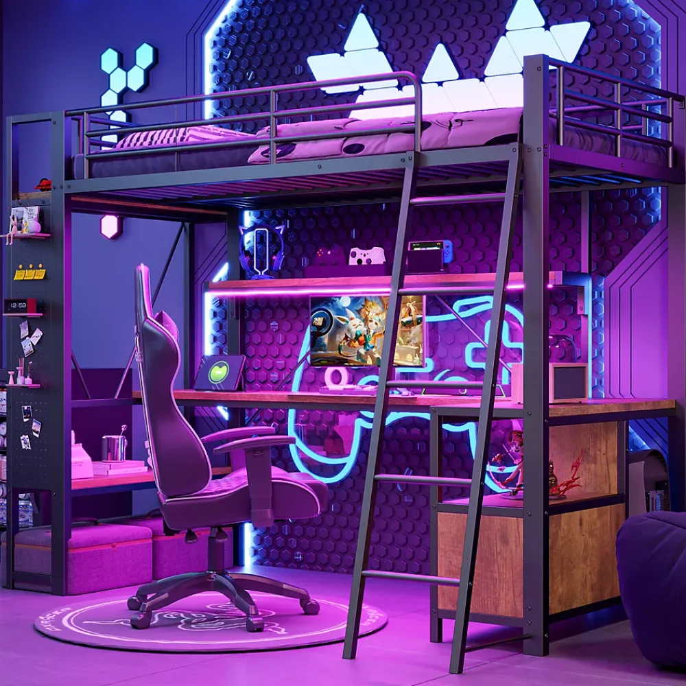 Okwish Lit Mezzanine 90x200 cm - Lit Ado avec Bureau Intégré, LED et Ports USB, Panneau Perforé et Rangement, Métal + MDF, Noir* Lit Mezzanine