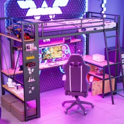 Okwish Lit Mezzanine 90x200 cm - Lit Ado avec Bureau Intégré, LED et Ports USB, Panneau Perforé et Rangement, Métal + MDF, Noir* Lit Mezzanine